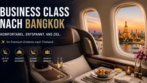 Business Class nach Bangkok mit luxuri&ouml;sem Flugzeugsitz, Premium-Service und Blick auf die Tempel und Skyline von Bangkok.